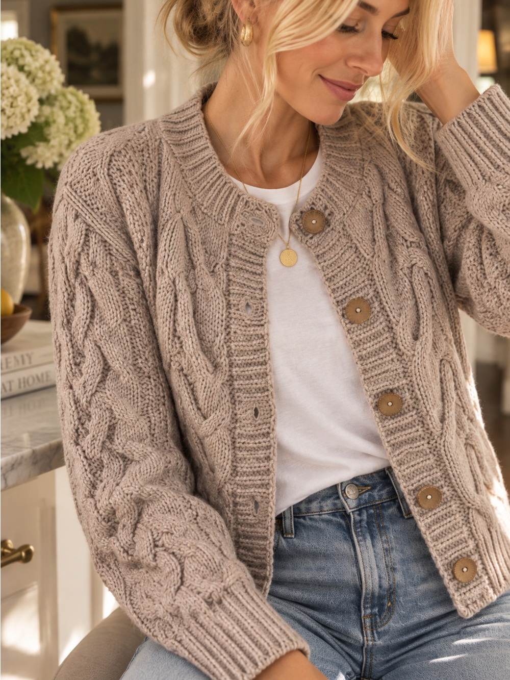 Preppy Cable Knit Button Front Cardigan tan taupe wood button